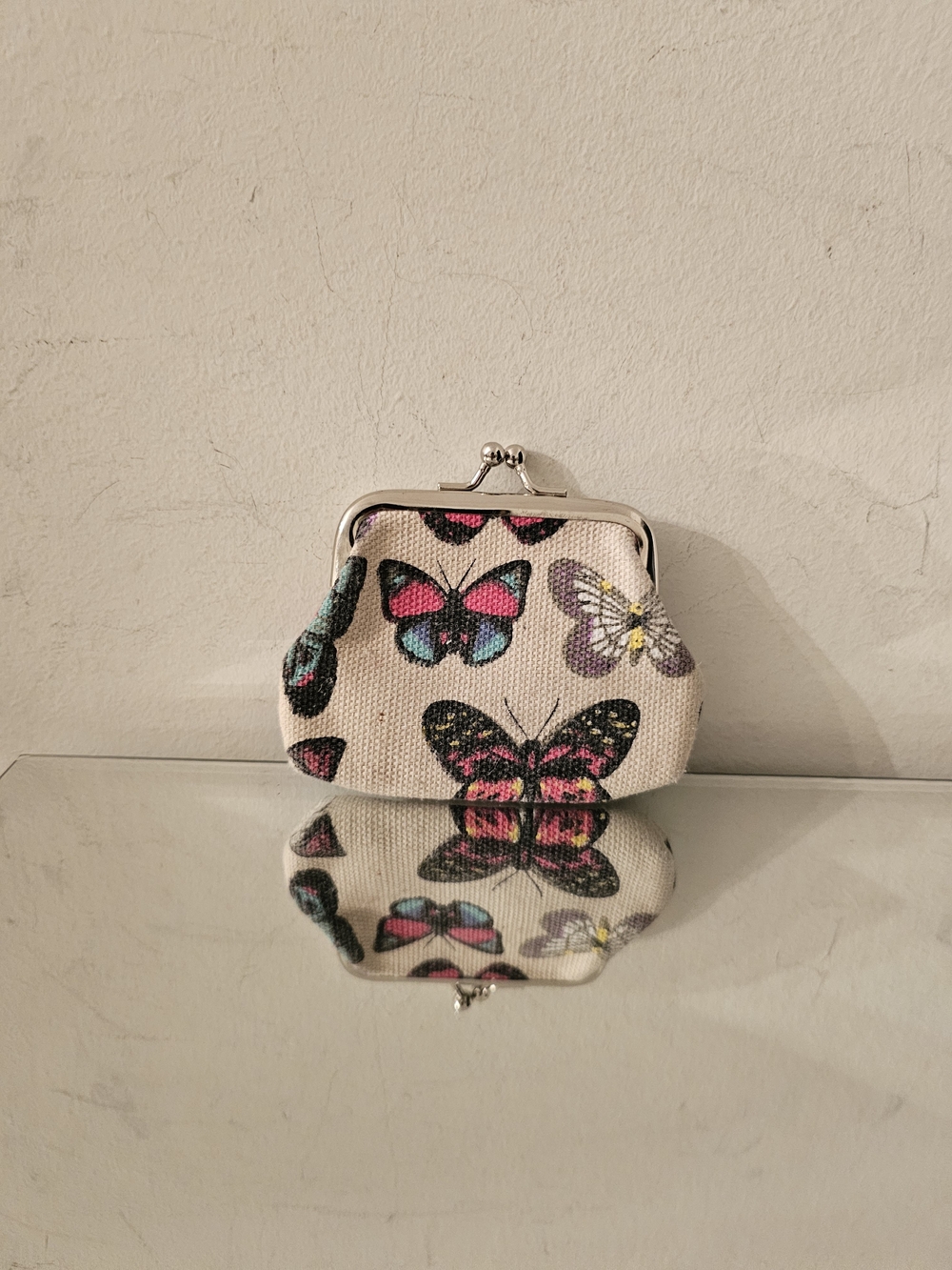 Butterfly Print Coin Purse - Cream with Pink & Blue Accents - Picture 2 of 2